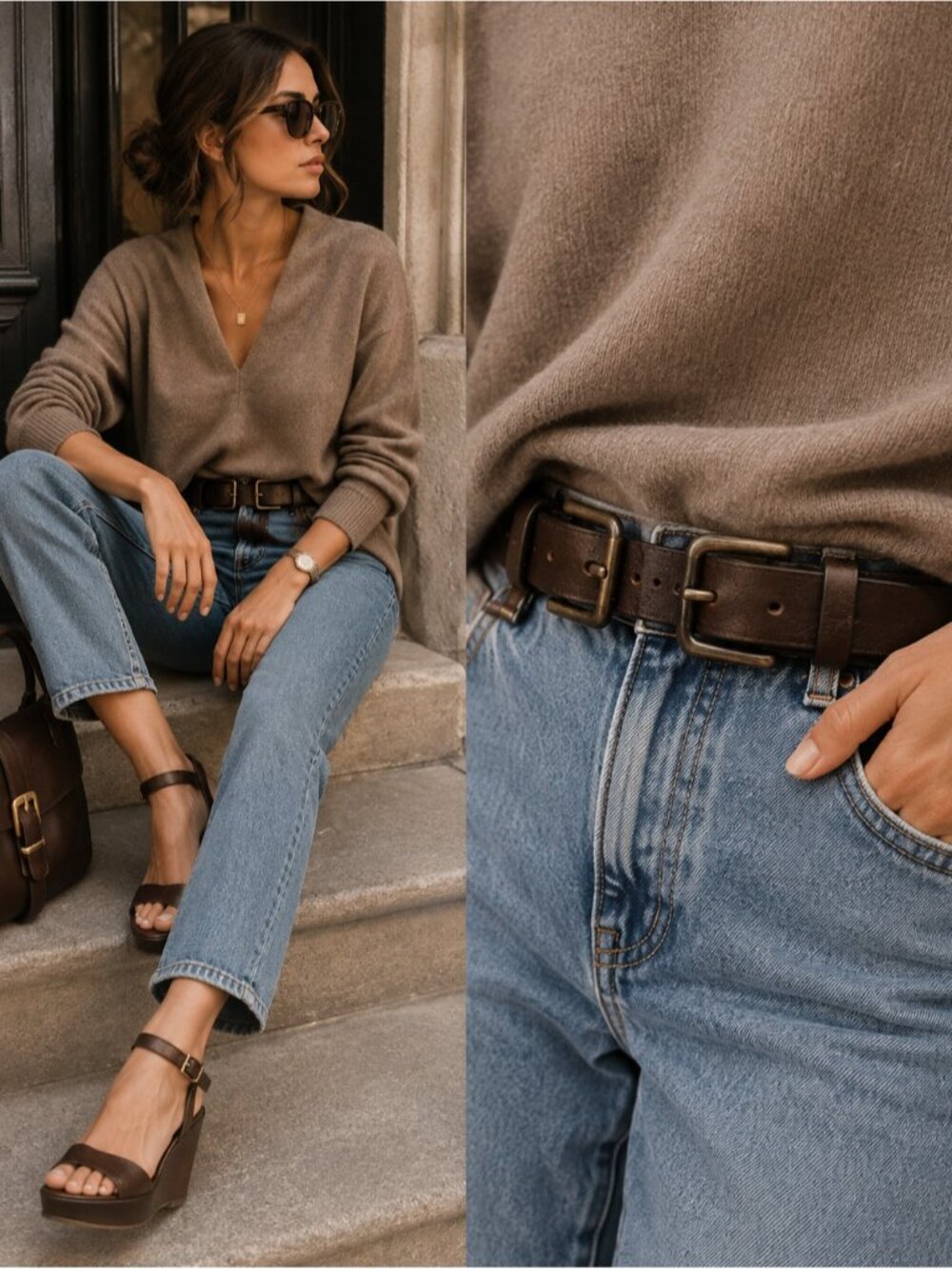 Club Monaco Brown Genuine Leather Wide Double Buckle Waist Belt S